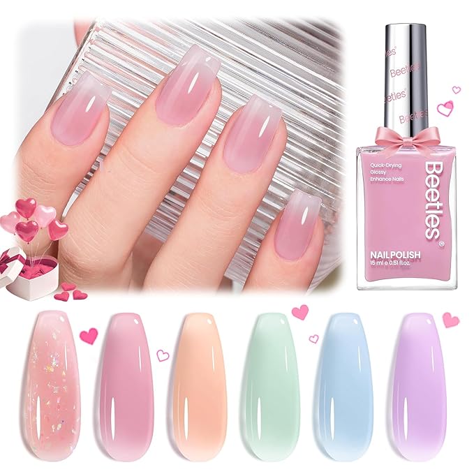 Beetles Jelly Nail Polish Set, 6 Colors Clear Pastel Nail Polish Glitter Pink Dusty Rose Orange Green Blue Purple Long Lasting & Quick Dry Nail Strengthener Polish Gift Sets for Women