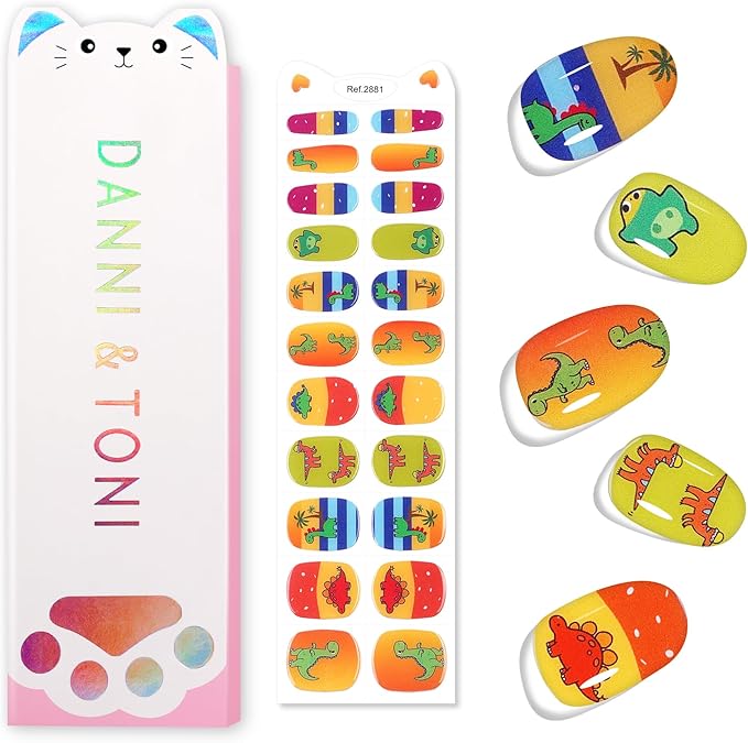 DANNI & TONI Kids Gel Nail Strips Dinosaur Beach Palm Tree Salon-Quality Peel & Stick Manicure for Children (Age 6+)– Safe, Long-Lasting, Easy to Apply | Dino Safari