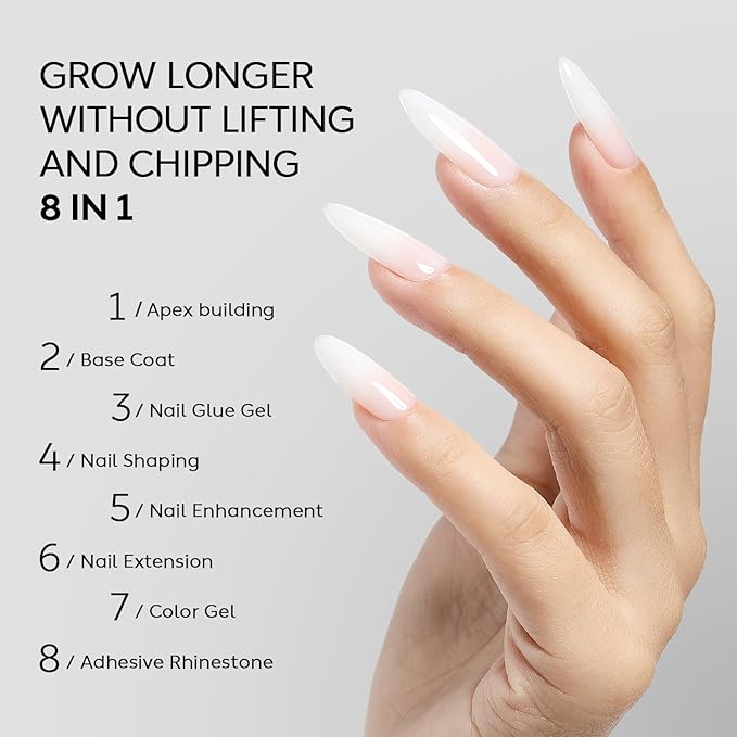 Nicedeco Builder Gel 15ML 8 in 1 Kit - Clear Base, Hard Gel, Extension Nail Gel for Nail Art Design-008