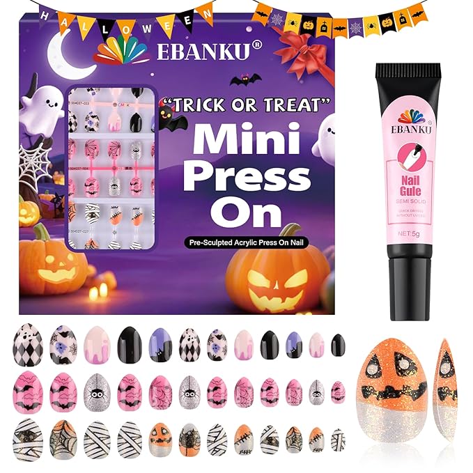 72 Pieces Halloween Press on Nails for Kids, EBANKU Sparkle 3 Pack Kid Fake Nail Kit Cute Ghost Spider Press on Nails for Girls 7-12 Years with Nail Glue