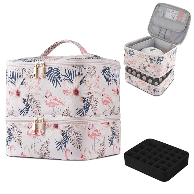 Buruis Double-Layer Nail Polish Organizer Bag, Holds 27 Bottles (15ML/0.5 FL.OZ or Larger), Nail Tools & Dryer Storage Case with Adjustable Dividers (Flamingo)