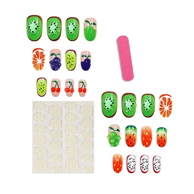Short Oval Press on Nails MABKJLF 3D Fake Nails Cute False Nails with Strawberry Cherry Orange Designs Funny Glossy Glue on Nails Summer Stick on Nails for Women Girls 24Pcs
