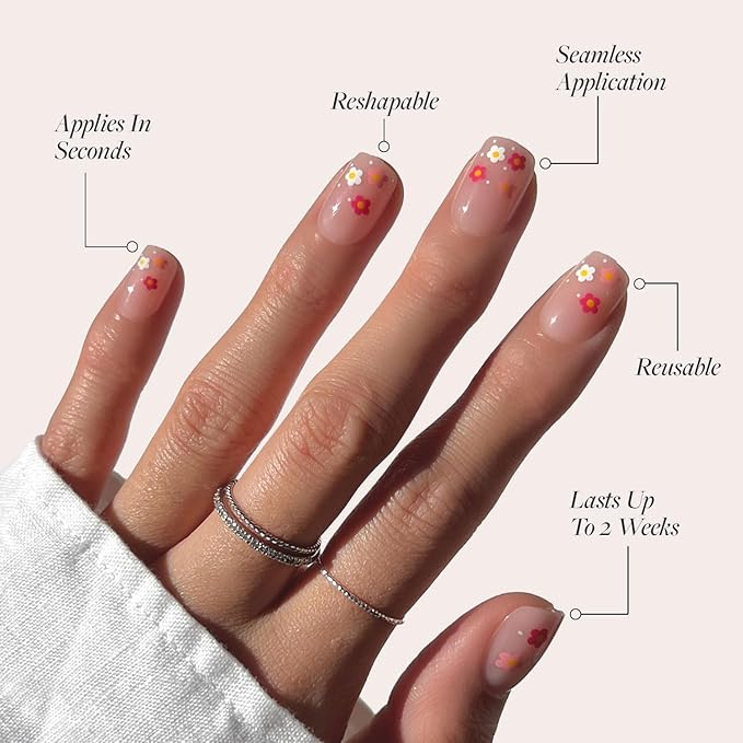 Valentines Day Glamnetic Press On Nails - Pretty Bloom | Glossy, Semi-Transparent Short Squoval Nails with Flower Accents, Salon Quality | 15 Sizes - 30 Nail Kit with Glue