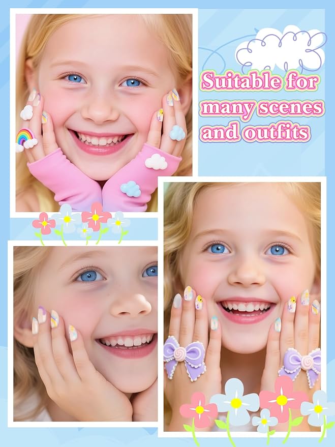 26 Pieces Press on Nail Kid, EBANKU Cloud Fake Nails for Kids Mini Glue on Nail Almond False Nail for Girls 6-12 Years
