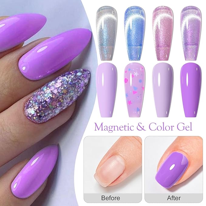 MEET ACROSS 8pcs Gel Nail Polish Set, Soak off UV LED Lamp Gel Nail Polish Cat Eye Set Home Gel Manicure Kit 7ml (Cat Eye + color Gel-5)
