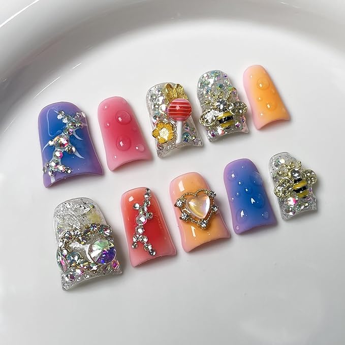 Gradient Press on Nails Luxury Handmade Fake Nail 3D Lollipop & Rhinetone Bee Design False Nails with Designs Heart Flower Press on Nails Muti-Layer Gel Thick Acrylic Nail for Women (Size S)