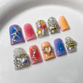 Gradient Press on Nails Luxury Handmade Fake Nail 3D Lollipop & Rhinetone Bee Design False Nails with Designs Heart Flower Press on Nails Muti-Layer Gel Thick Acrylic Nail for Women (Size S)