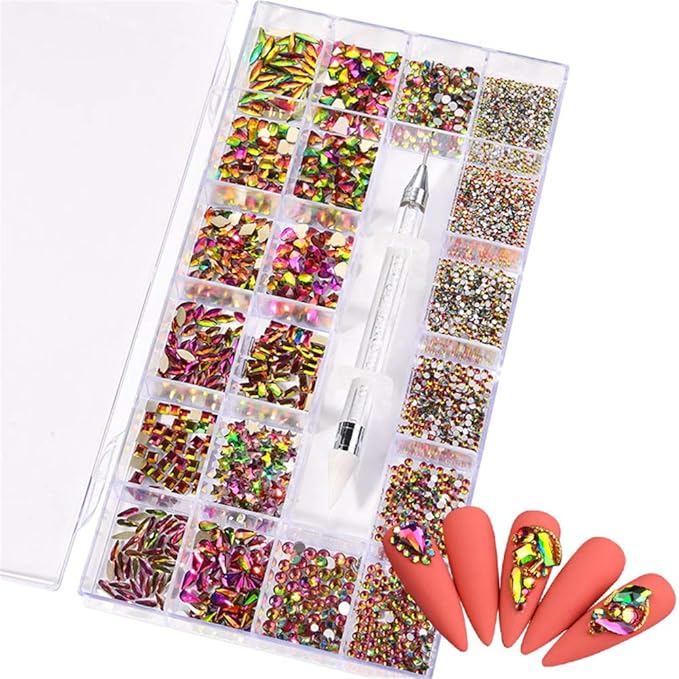 Color AB Crystal Rhinestones Set 600+2100 Pcs, Round and Multishape AB Glass Rhinestone With 1 Pick Up Pen In Clear Big Box Flat Back Crystals Gems Stones Set for Nails Clothes Face Jewelry