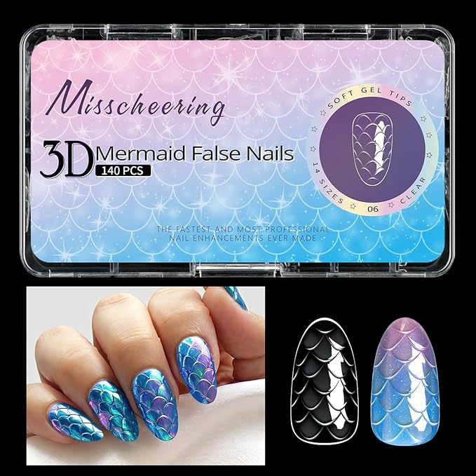 3D Diamond Shaped Polygel Nail, Extension Clear Full Cover False Nail Tips, Hybrid Gel Acrylic Nail, Diamond Fake Nails, 14 Sizes Building Artificial Press on Nail (Fish Scales 6, 140pcs)