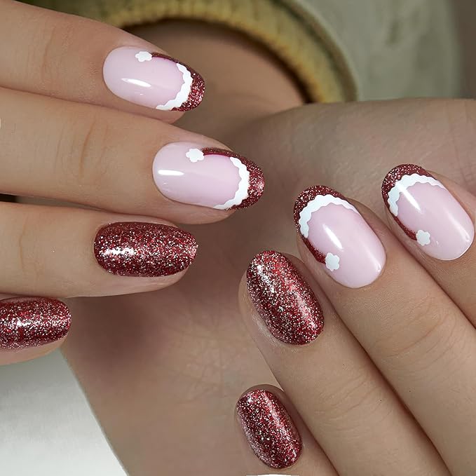 Curvlife Press On Nails – 30PCS Full Cover False Natural Fit Soft Gel Fake Oval Nails Tips, Easy to Apply at Home Glue On False Nails Kit (Santa Hat Nails, Medium)