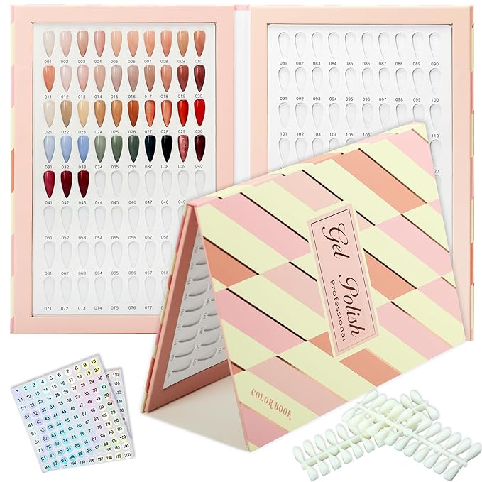 160 Nail Color Book,with 240 Flase Tips & 1-200 Number Sticker Labels,Professional Nail Color Swatches Book for Polish UV Gel(Pink)