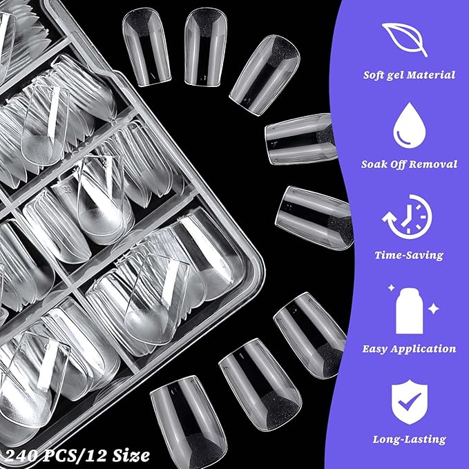 240pc Square Gel Nail Tips Short Fake Nails Clear Press ons Nail, Short Square Nails Tips Acrylic Nails Extension Soft Gel Nails Tip Full Cover Fake False Nail Clear Artficial Fingernails