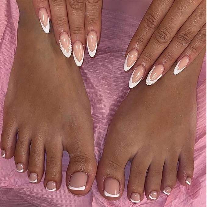 48Pcs White French Tip Press on Toenails Press on Nails Medium Almond Fake Nails with Design Pearl Glue on Nails Nude False Nails Glossy Reusable Summer Nails Toenails for Women Manicure