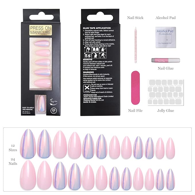 Acrylic Press On Nails Almond - Iridescent Pink Glow False Nails Elegant Durable Salon Quality for Work or Date, 24 Nails in 12 Sizes with Glue, Tabs, File, Prep Pad, Stick