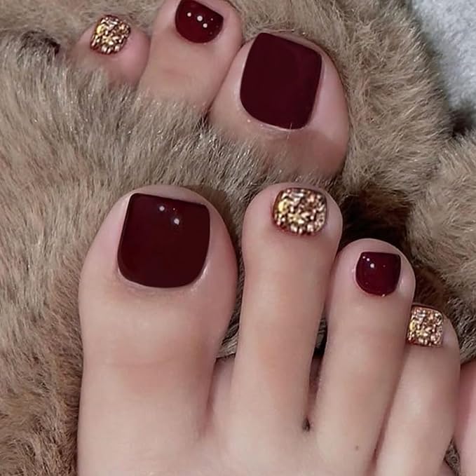 32 Pcs Dark Red Semi Cured Gel Toe Nail Strips Gold Glitter Gel Nail Stickers Full Cover Nails Wraps Self Adhesive Toe Nails Polish Strips Stickers for Women UV/LED Light Required