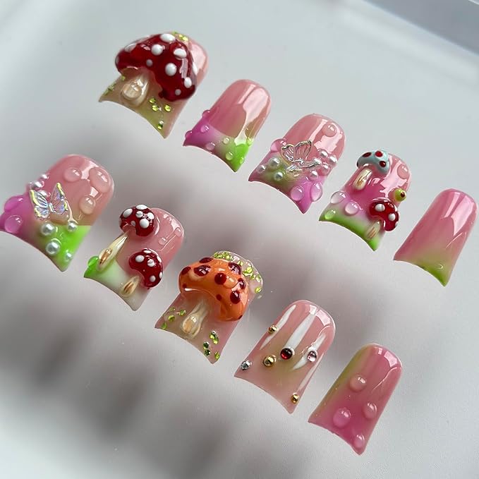 Handmade Press on Nails Short Duck 3D Unique Reusable ABS Material Fake Nails French Tip Luxury False Nails with Designs Mushroom Butterfly Colorful Cute Glossy Glue on Thick Acrylic Nails(S)
