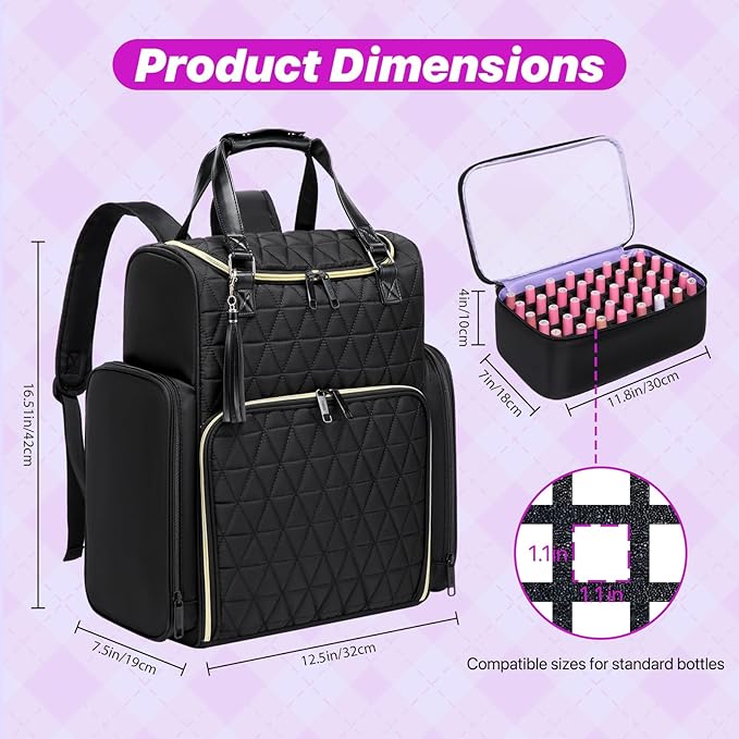 Nail Bag Organizer Case Backpack, Nail Bag Holds 80 Bottles (15ml-0.5 fl.oz) and Nail Lamp, Nail Polish Case with 2 nail polish Bag, Portable Travel Backpack for Nail Tech Supplies Manicure Tools