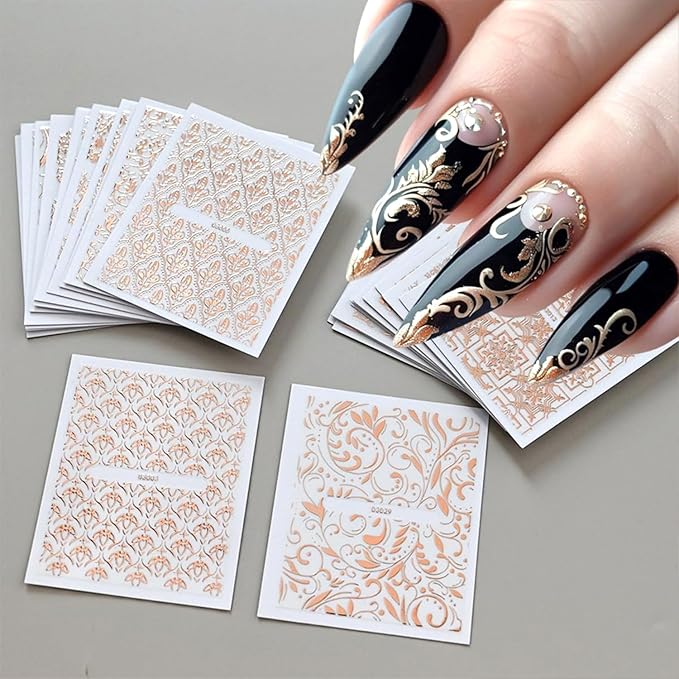 30 Sheets Lace Nail Art Stickers Decals 3D Self-Adhesive Rose Gold Nail Decals Retro Flower Designs Nail Supplies Summer Nail Decoration DIY Nails Accessories for Women