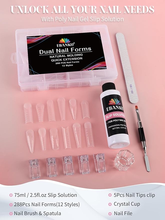 EBANKU Poly Gel Nail Forms Kit - 288PCS Reusable Dual Forms for Builder Gel, Nail Mold Kit with 2.5oz Slip Solution, Brush, File, 5PCS Clips - 12 Shapes