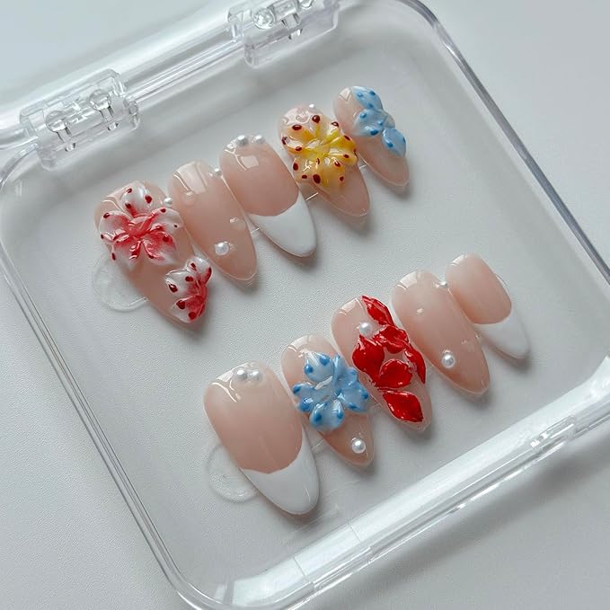 Luxury Press on Nails Medium Almond Handmade 3D Unique Reusable ABS Material Fake Nails White French Tip False Nails with Designs Polka Dots Pearls Flower Glossy Glue on Nail Thick Acrylic Nail(S)
