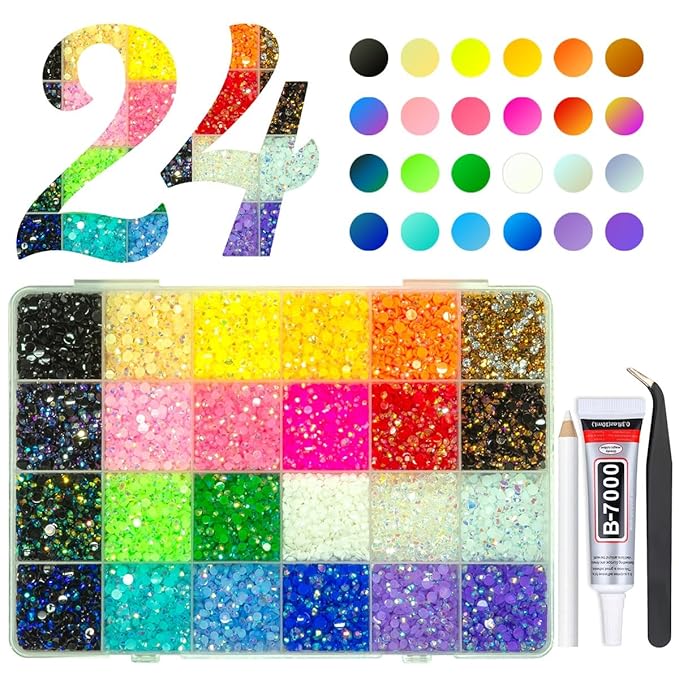 20000PCS 24 Color Jelly Resin Rhinestones w B7000 Glue for Bedazzling Crafting 3mm 4mm Flatback Rainbow Stones Colorful AB Gems Diamonds Charms Bedazzler Kit for Nails Eyes Face Makeup Beauty