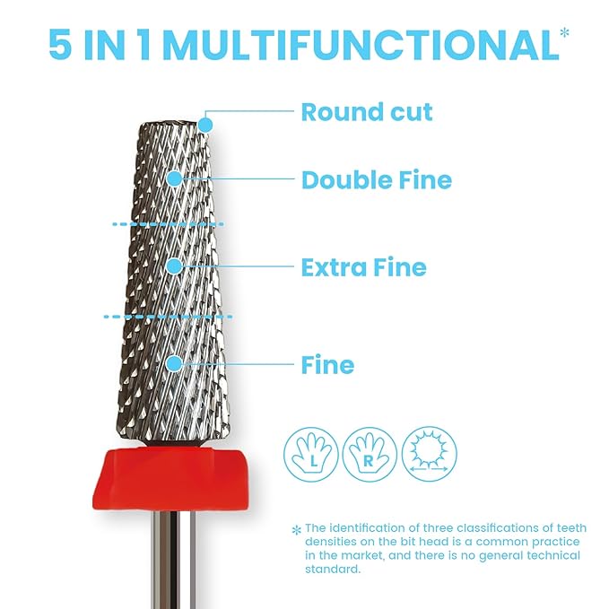 16mm 5 in 1 Tapered Barrel Nail Drill Bits, 3/32'' Safety Tungsten Carbide Bits, Right & Left Rotation, Manicure Cuticle Gel Acrylic Removal Polishing, Technicians Bits, Fine