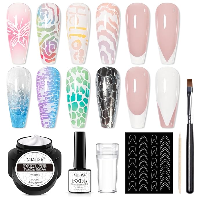 MIZHSE White Poke Gel Nail Art Kit, with Professional Poke Foundation Gel and Brush Tool, Nail Stamper for French Nails, French Tip Nail Stickers Multifunctional Drawing Painting Nails Art Design