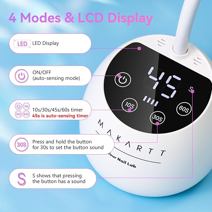 Makartt UV LED Nail Lamp - Gooseneck UV Light for Gel Nails Cherie Cordless USB 39mW/cm² LED Gel Lamp with 4 Times & Auto Sensor Fast Flash Curing Light for Salon Use (White)