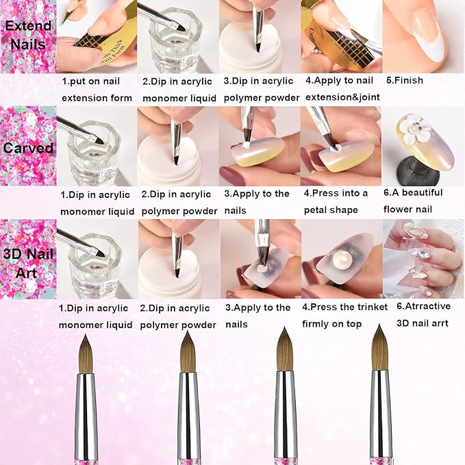 Acrylic Nail Brush Set, 4PCS Acrylic Nail Brushes Professional Nail Brush for Acrylic Application 3D Nail Carving DIY Acrylic Powder Brushes Liquid Glitter Nail Art Brush Size #8#10#12#14 (Pink)
