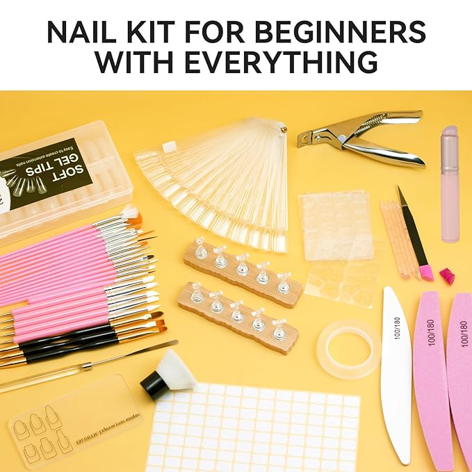 Acrylic Fake Nails Kit Press On Nail kit with 240PS Clear Nail Tips,Nail Art Stand,Art Brushes,Swatch Sticks,Acrylic Cutter,Nail Art Tools with Everything for Beginners DIY Nails Home Salon