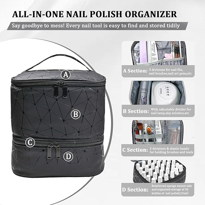 JEWHITENY Nail Polish Organizer Bag Holds 30 Bottles & Nail Lamp,Double-Layer PU Leathe Nail Polish Storage Bag with Adjustable Dividers,Portable Travel Nail Kit Storage Carrying Case (Black)