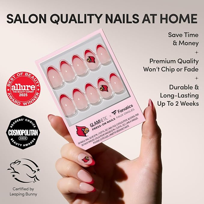 Fanatics x Glamnetic Press On Nails - University of Louisville Cardinals | Short Almond Fake Nails, Collegiate Cardinals Red French Tips, College Nails Salon-Quality | 15 Sizes - 30 Nail Kit with Glue