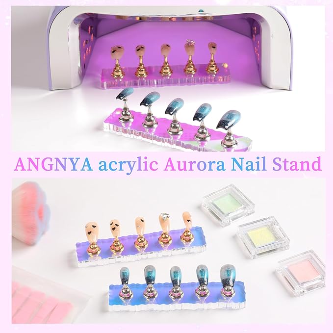 ANGNYA 2 Set Nail Stand, Aurora Nail Holder for Painting Nail Stand for Press on with 96 Pcs Reusable Sticky Putty Nail Display Stand Nail Hand Practice Magnetic Nail Art Tools for Homes and Salons