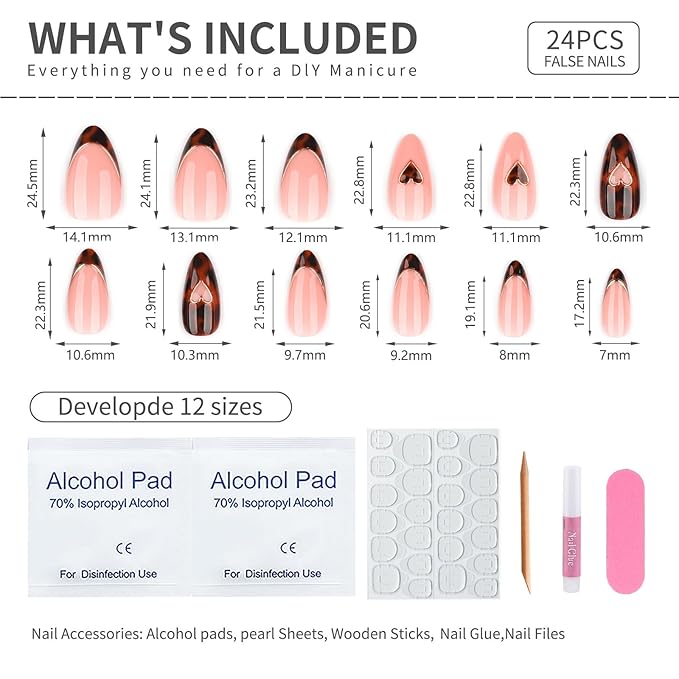 Medium Press On Nails Almond, Nude Pink French Tip Leopard Design with Gold Heart Detail, Glossy Acrylic Fake Nails, Reusable Stick On Nail Set 24pcs for Women, Chic Elegant Manicure
