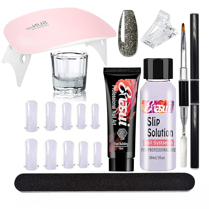 15ml Chameleon Poly UV Gel Temperature Color-Changing Black Nail Builder Gel Nail Enhancement Trial Kit LED Lamp Slip Solution Glitter Poly Builder Gel Nail 8PCS/Kit (Black Glitter)
