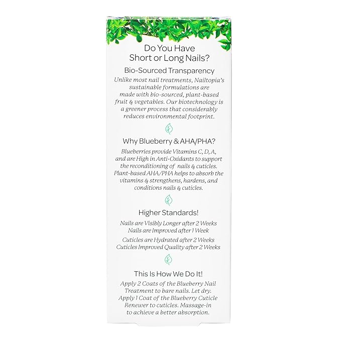 Nailtopia - Nails are Long Kit, Supports Short/Long Nails & Dehydrated Cuticles - Plant-Based, Non Toxic, Bio-Sourced - Hardening & Conditioning Superfood Treatment - Blueberry Extract (Clear) - 2 Pc
