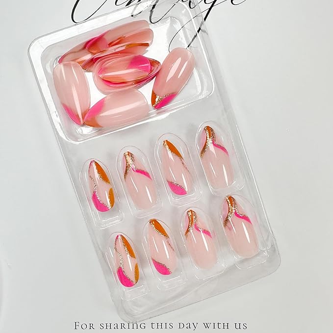 Orange Press on Nails Medium Almond Fake Nails Press ons with Design Gold Glitter Swirl Wave Acrylic False Nails Glue on Nails Artificial Glossy Stick on Nail for Women Girls Manicure Decoration 24Pcs