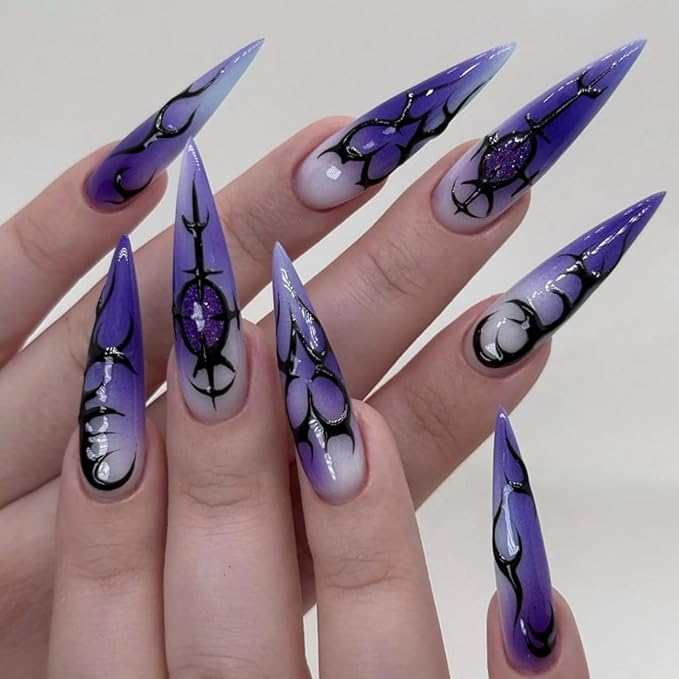 Halloween Press on Nails Long Stiletto Fake Nails Purple Artificial Nail Press ons with Black Charm Designs Designs Stick on Nail for Women 24pcs