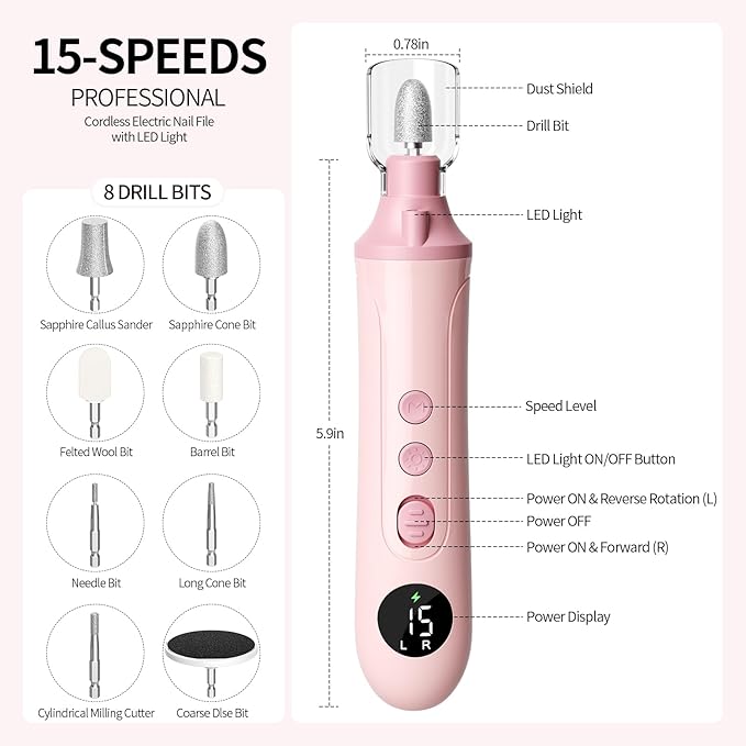 Electric Nail Drill Kit, Nail Filer Electric with LCD & Lamp, Rechargeable Pedicure Tools for Feet, Toenail Grinder for Thick Toenails, Cordless Nail Dremel Tools for Women & Men