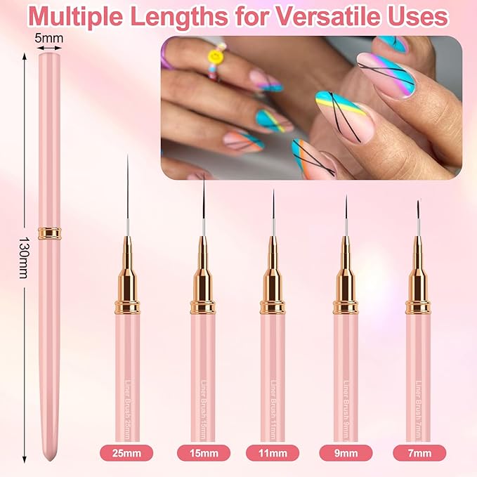 Nail Art Liner Brushes, 5Pcs Liner Brush For Nails, Painting Nail Art Brush Set Dotting Drawing Tool for Long Lines, Thin Details, UV Gel Polish Painting, Fine Drawing 7/9/11/15/25mm(Pink)