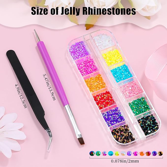 3D Mini Small Metal Stainless Steel Caviar Nail Beads Balls, 0.8-3mm Gold Silver Alloy Nail Art Chain Charms Studs with Tweezers and Dual-end Brush (8-K1-2mm-jelly)