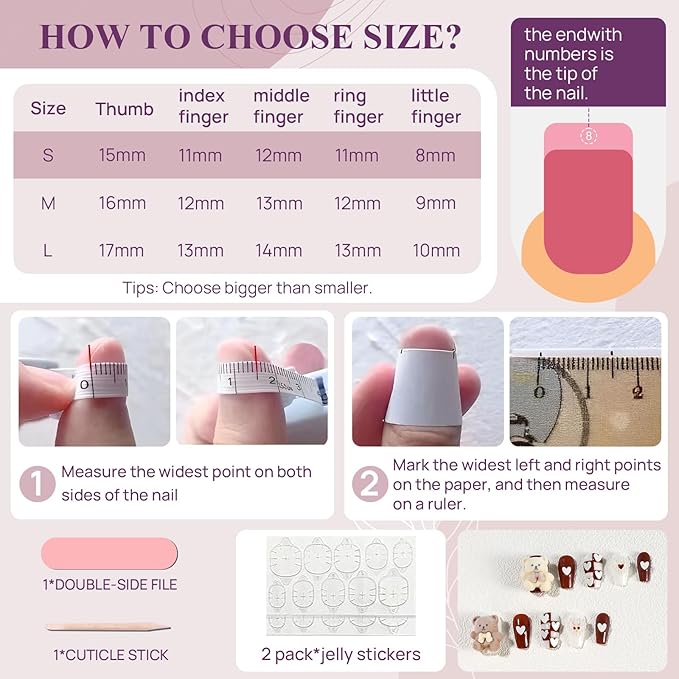 Fake Nails Set Brown White Long Medium Square Cute 3D Bear Love False Nail Tips, Press On Nails, Artificial Art Nails Finger Manicure for Women and Girls(CDJ0003-S)