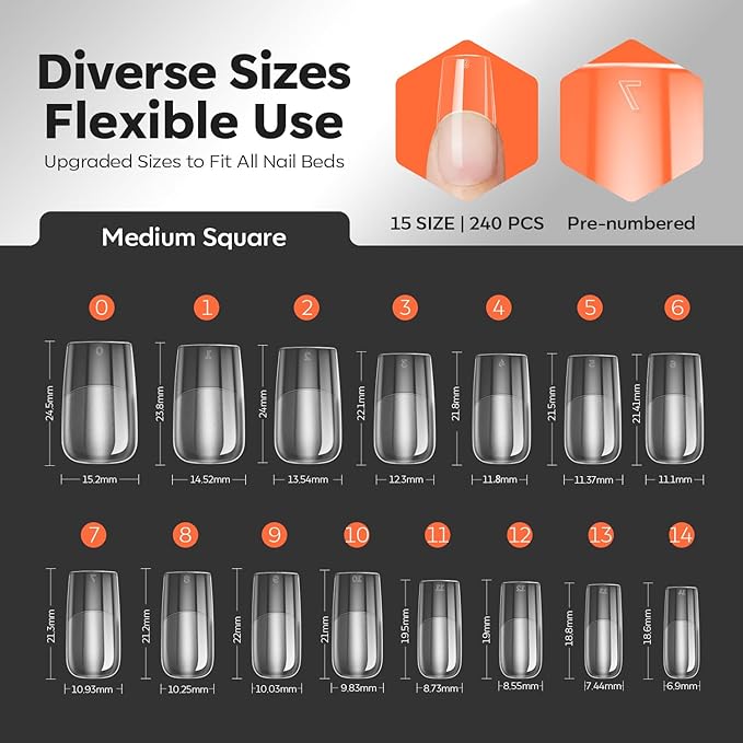 modelones X Nail Gel Kit Square, 15Sizes False Nail Tips Instant Apex Solid Glue & Mini LED Light, Medium Square Pre-Building Thick Acrylic Press on Tips U/V Lamp Extension Kit Women Gift 240Pcs