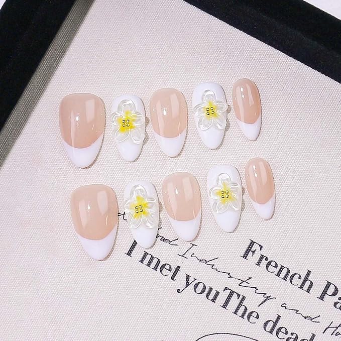10 Medium Handmade Press On Nails | with 3D Floral and French design False Nails | Skip Salon Trips, Easy to Apply & Remove, Reusable (A016, S)