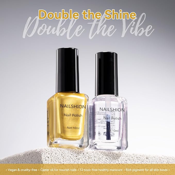Metallic Gold Nail Polish with Base Top Coat 3 IN 1 Nail Strengthener, Quick Dry Clear & Liquid Golden Nail Polish Duo, Opaque, Non-Gel, Professional Nails Art Kit Home Manicure DIY Gift
