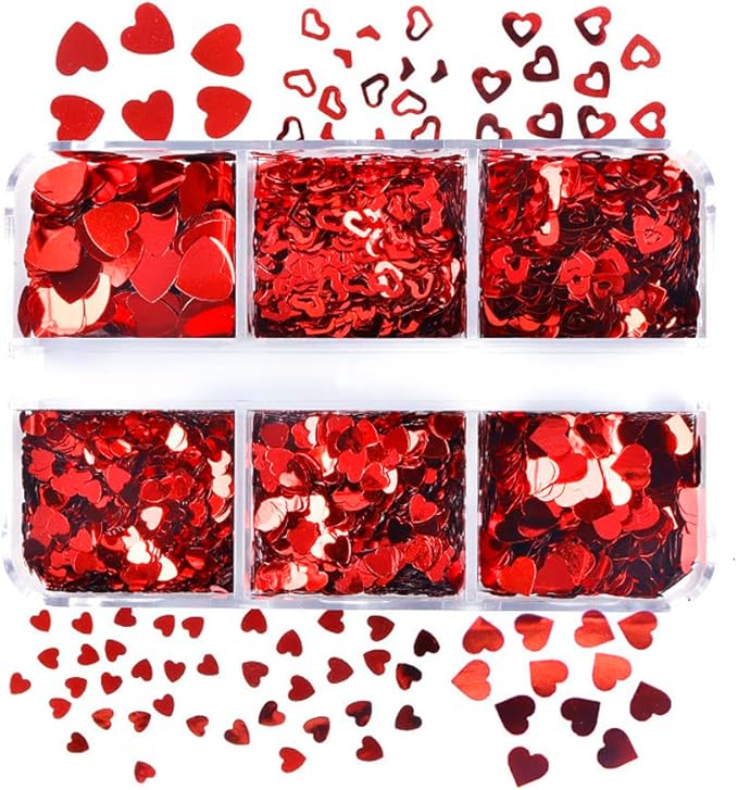 3D Nail Art Heart Red Sequin Valentine's Day Holographic Laser Romantic Stickers Nail Art Glitter Decoration Decals for Woman Girl 6 Grids