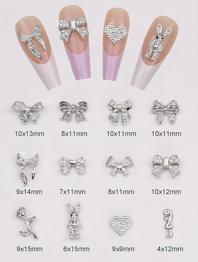 120pcs 12 Styles Black Metal Nail Charms Nail Bows Crushed Rabbit 3D Heart Rose Flower Studs Y2k Alloy Nail Decoration Rhinestone Jewelry for Acrylic Nails Art Kit Accessories Supplies