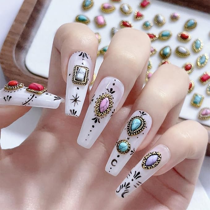 50 PCS Metal Turquoise Nail Charms - Western Cowboy Nail Art Decorations, 3D Nail Gems for DIY Manicure, Mixed Shapes Nail Accessories for Gel Acrylic Nails (B)