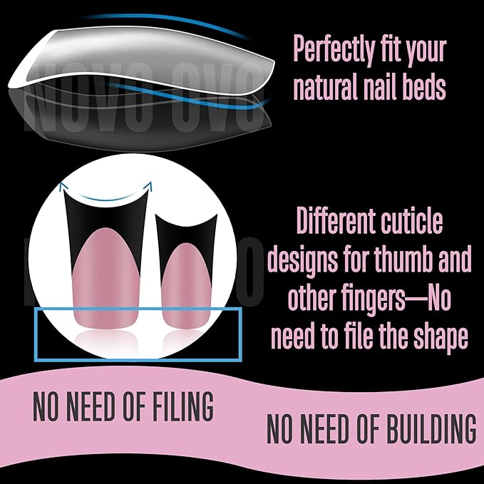 NOVO OVO Halloween Black French Tip Duck Feet Nail Tips Full Cover for Press on Acrylic with Moon Curve, Thick Medim Pre-Etched Matter Flare Wide Soft Gel Fake False Nail Extension x 15 Sizes 150 pcs
