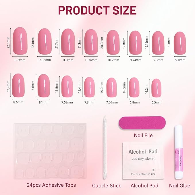 Baby Pink Press on Nails Medium Almond Acrylic Fake Nails, Valentines Solid Color False Nails Set with Varied Sizes for Women Daily Wear